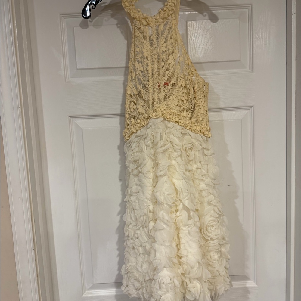 Free People Cream Lace Halter Dress with Rosette Skirt